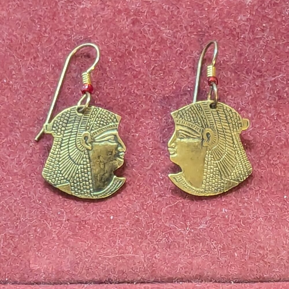 Vintage Egyptian Earrings Priestess Dangle Gold Costume Statement Jewelry Boho - Picture 2 of 4